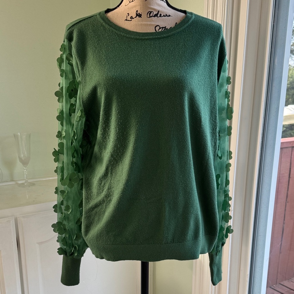 Sioni Green Crewneck Sweater with Floral Appliqué Sleeves